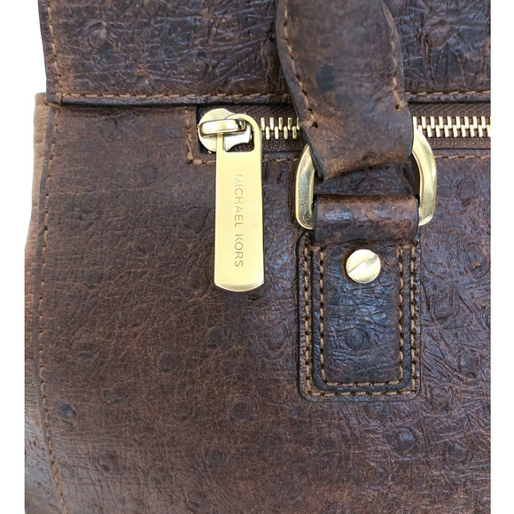 Michael Kors Astrid Mocha Ostrich Embossed Leather Large Satchel Bag - Picture 7 of 12